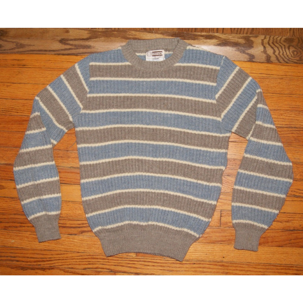 Vintage 80s Stetson Wool Bled Gray Blue Ivory Stripe Mens M Knit Sweater USA